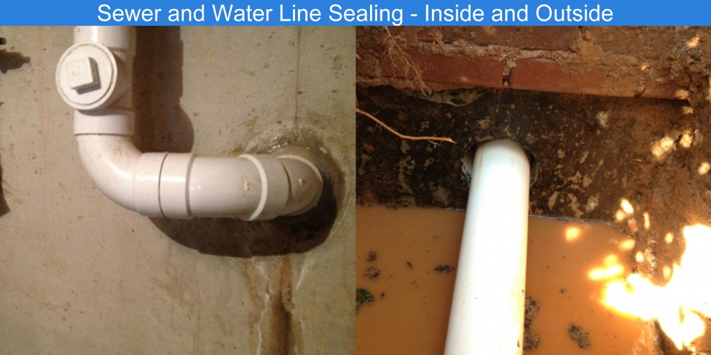 Sewer and water line penetrations sealed inside and outside