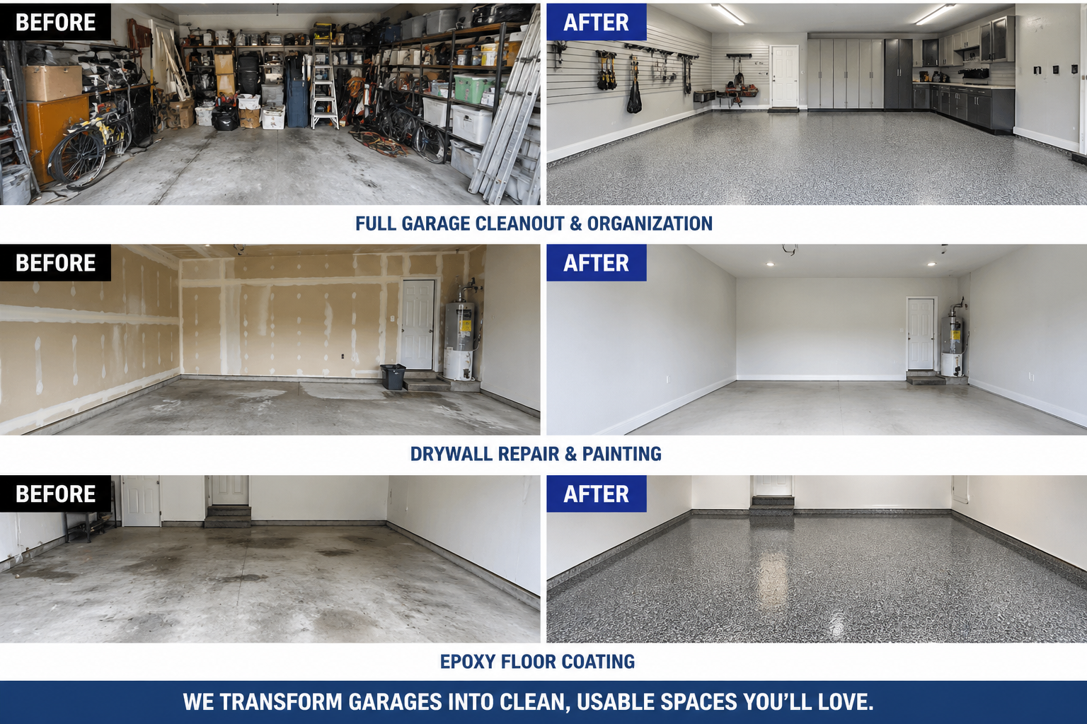 Garage before and after cleanout and epoxy floor transformation